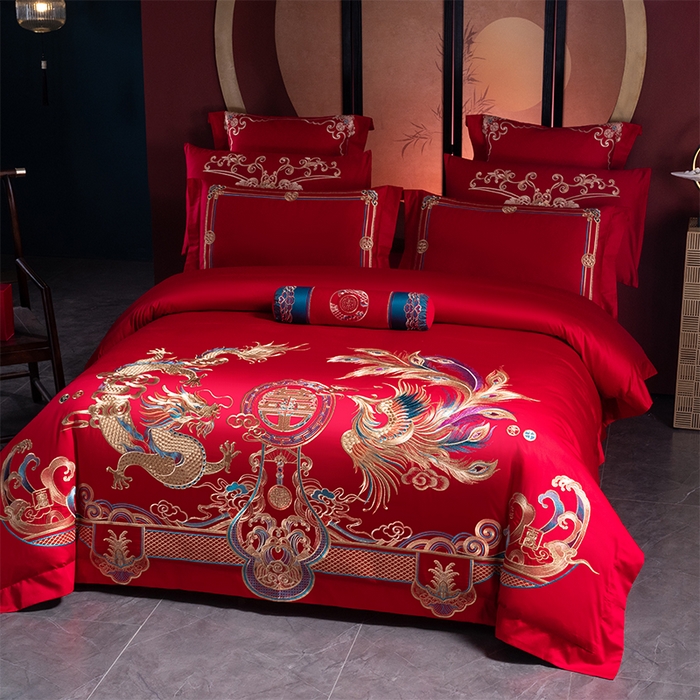 91家纺网 家纺一手货源 找家纺 博之洋婚庆 2026新款全棉长绒棉刺绣婚庆四件套多件套 瑞丽龙凤