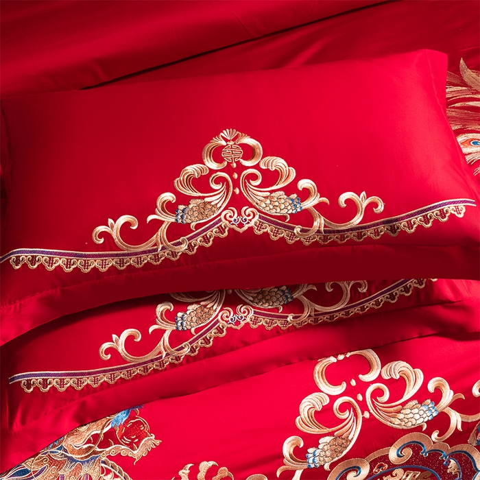 91家纺网 家纺一手货源 找家纺 博之洋婚庆 2026新款全棉长绒棉刺绣婚庆四件套多件套 龙凤大喜