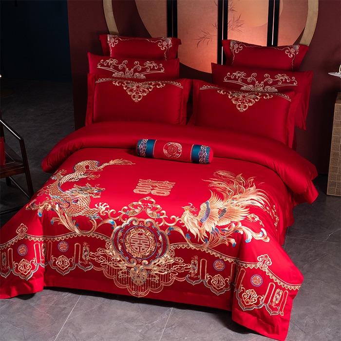 91家纺网 家纺一手货源 找家纺 博之洋婚庆 2026新款全棉长绒棉刺绣婚庆四件套多件套 龙凤大喜