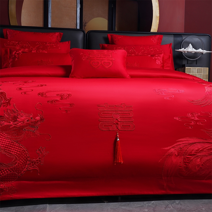 91家纺网 家纺一手货源 找家纺 博之洋婚庆 2026新款全棉长绒棉刺绣婚庆四件套多件套 喜迎龙凤-红