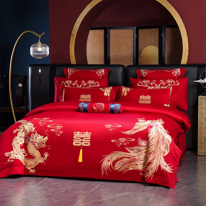 91家纺网 家纺一手货源 找家纺 博之洋婚庆 2026新款全棉长绒棉刺绣婚庆四件套多件套 喜迎龙凤-金