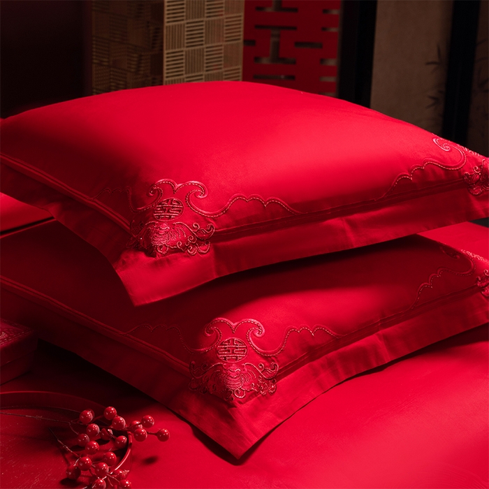 91家纺网 家纺一手货源 找家纺 博之洋婚庆 2026新款全棉长绒棉刺绣婚庆四件套多件套 喜迎龙凤-红