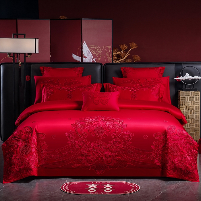 博之洋婚庆 2026新款全棉长绒棉刺绣婚庆四件套多件套 盛世红妆