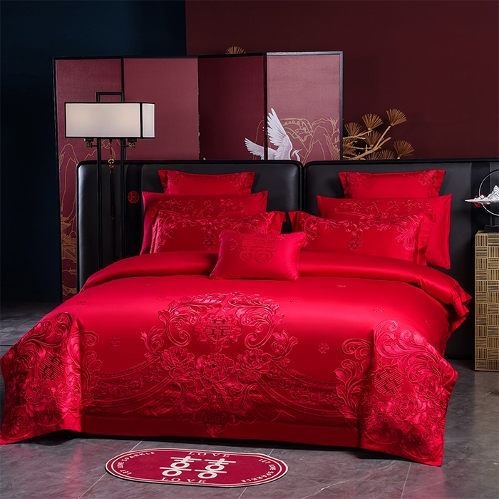 91家纺网 家纺一手货源 找家纺 博之洋婚庆 2026新款全棉长绒棉刺绣婚庆四件套多件套 盛世红妆