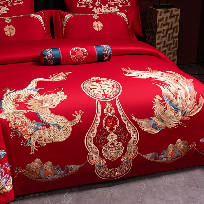 91家纺网 家纺一手货源 找家纺 博之洋婚庆 2026新款全棉长绒棉刺绣婚庆四件套多件套 龙凤传奇