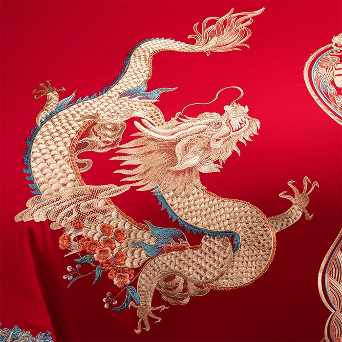 91家纺网 家纺一手货源 找家纺 博之洋婚庆 2026新款全棉长绒棉刺绣婚庆四件套多件套 龙凤传奇