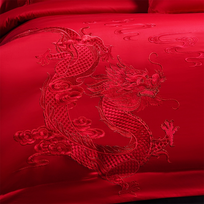 91家纺网 家纺一手货源 找家纺 博之洋婚庆 2026新款全棉长绒棉刺绣婚庆四件套多件套 喜迎龙凤-红