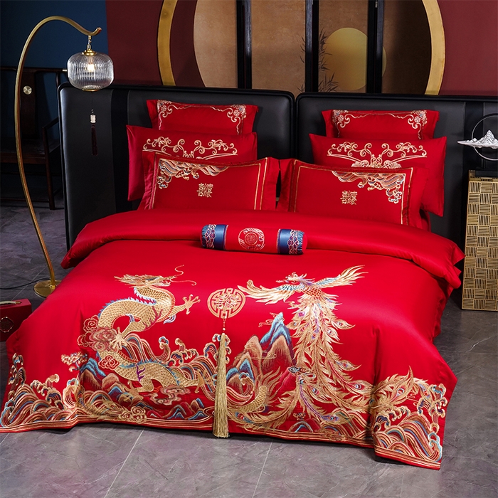 91家纺网 家纺一手货源 找家纺 博之洋婚庆 2026新款全棉长绒棉刺绣婚庆四件套多件套 龙凤王朝