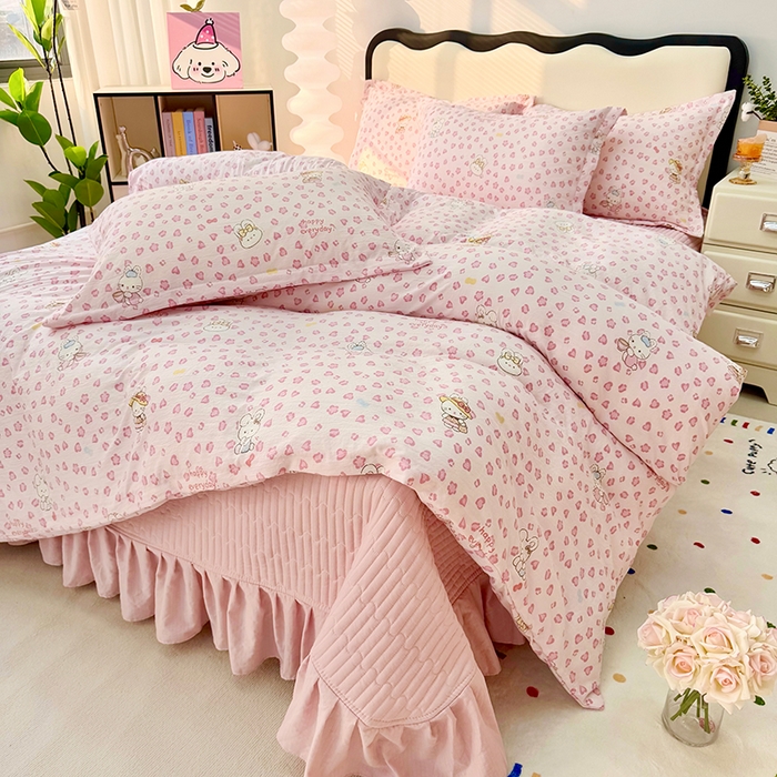 九诺家纺 2026新款丝柔棉皱皱纱花边床盖四件套 米娅-星星兔