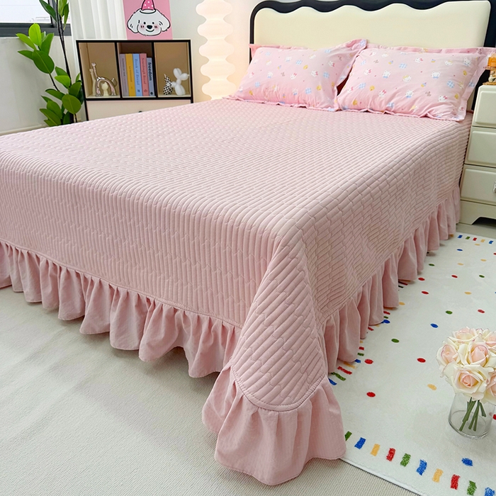 91家纺网 家纺一手货源 找家纺 九诺家纺 2026新款丝柔棉皱皱纱花边床盖四件套 米娅-圣代甜猫粉