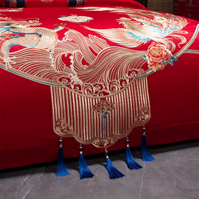 91家纺网 家纺一手货源 找家纺 博之洋婚庆 2026新款全棉长绒棉刺绣婚庆四件套多件套 龙凤喜韵