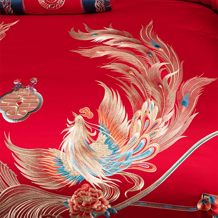 91家纺网 家纺一手货源 找家纺 博之洋婚庆 2026新款全棉长绒棉刺绣婚庆四件套多件套 龙凤喜韵