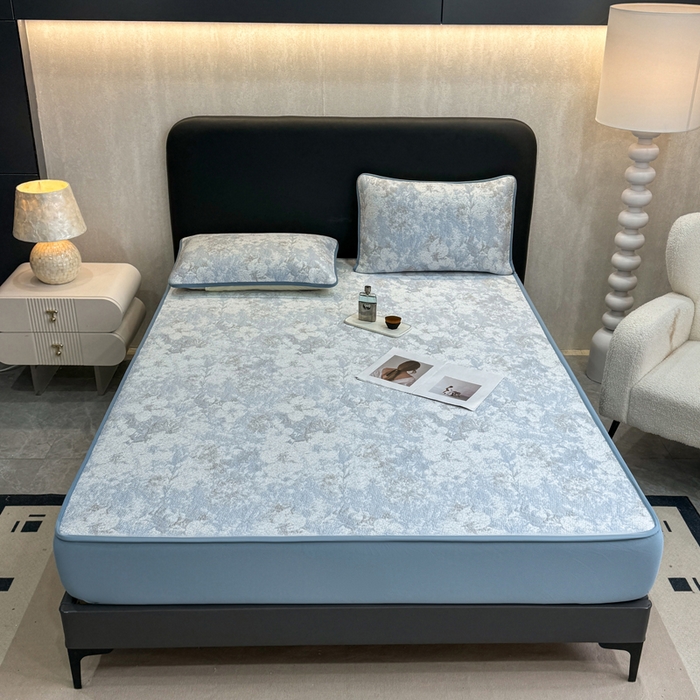 91家纺网 家纺一手货源 找家纺 伊人坊 2026新款A类550克凉感提花值过0.21冰豆豆家用凉席子三件套夏季---床笠款 繁花-蓝