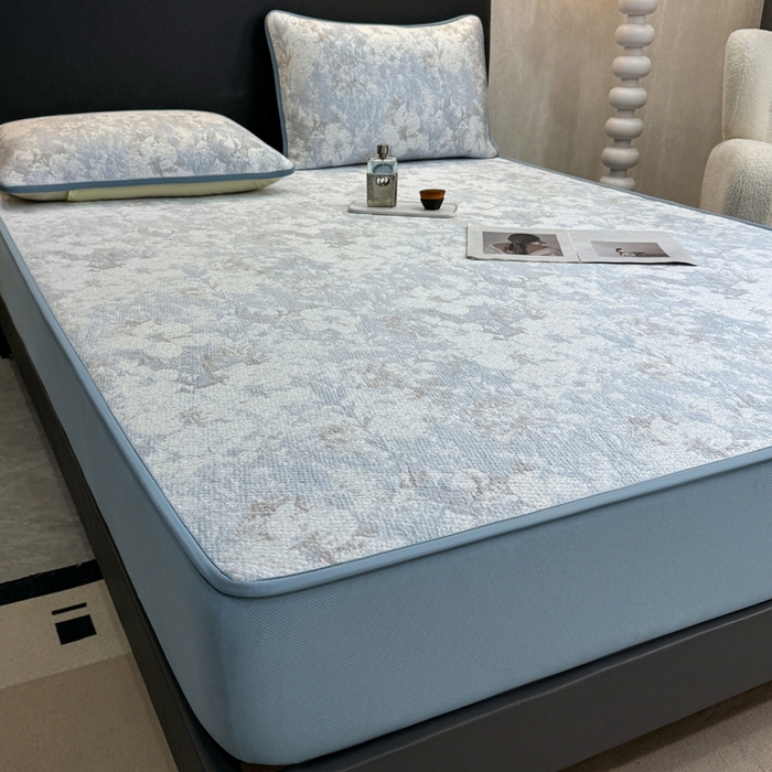 91家纺网 家纺一手货源 找家纺 伊人坊 2026新款A类550克凉感提花值过0.21冰豆豆家用凉席子三件套夏季---床笠款 繁花-蓝