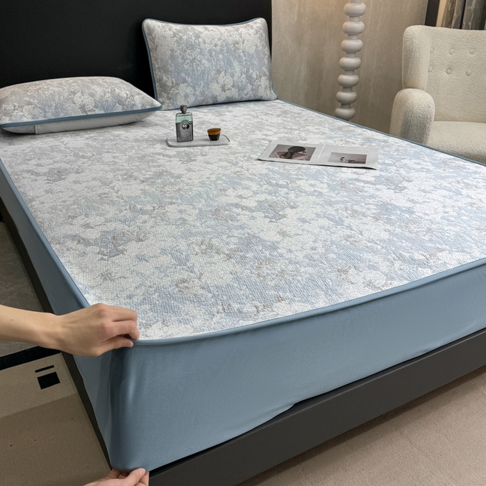 91家纺网 家纺一手货源 找家纺 伊人坊 2026新款A类550克凉感提花值过0.21冰豆豆家用凉席子三件套夏季---床笠款 繁花-蓝