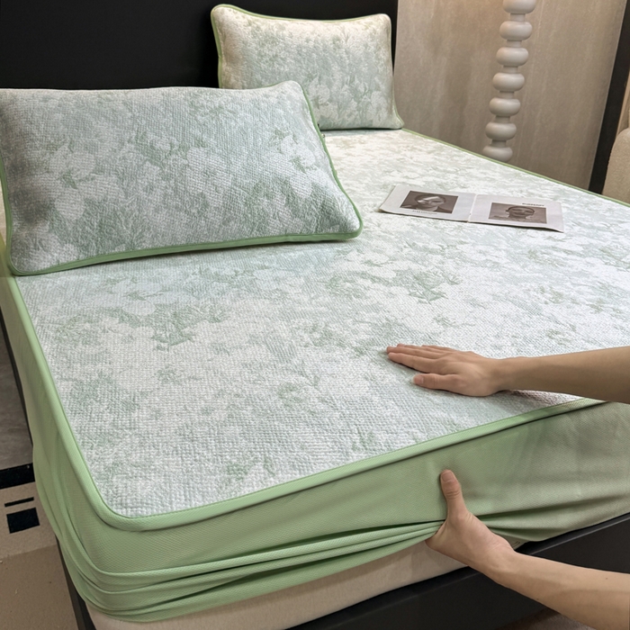 91家纺网 家纺一手货源 找家纺 伊人坊 2026新款A类550克凉感提花值过0.21冰豆豆家用凉席子三件套夏季---床笠款 繁花-绿