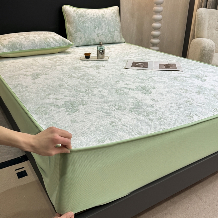 91家纺网 家纺一手货源 找家纺 伊人坊 2026新款A类550克凉感提花值过0.21冰豆豆家用凉席子三件套夏季---床笠款 繁花-绿