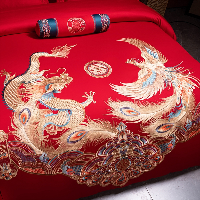 91家纺网 家纺一手货源 找家纺 博之洋婚庆 2026新款全棉长绒棉刺绣婚庆四件套多件套 龙凤之恋