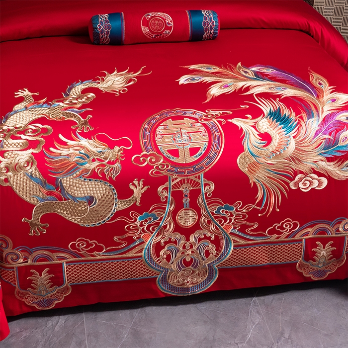 91家纺网 家纺一手货源 找家纺 博之洋婚庆 2026新款全棉长绒棉刺绣婚庆四件套多件套 瑞丽龙凤