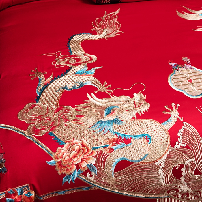 91家纺网 家纺一手货源 找家纺 博之洋婚庆 2026新款全棉长绒棉刺绣婚庆四件套多件套 龙凤喜韵