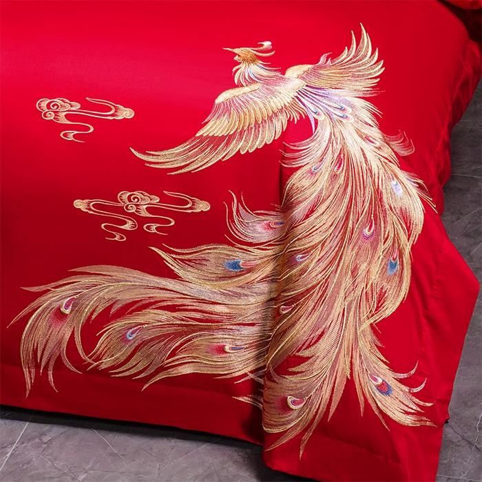 91家纺网 家纺一手货源 找家纺 博之洋婚庆 2026新款全棉长绒棉刺绣婚庆四件套多件套 喜迎龙凤-金