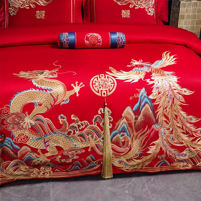 91家纺网 家纺一手货源 找家纺 博之洋婚庆 2026新款全棉长绒棉刺绣婚庆四件套多件套 龙凤王朝