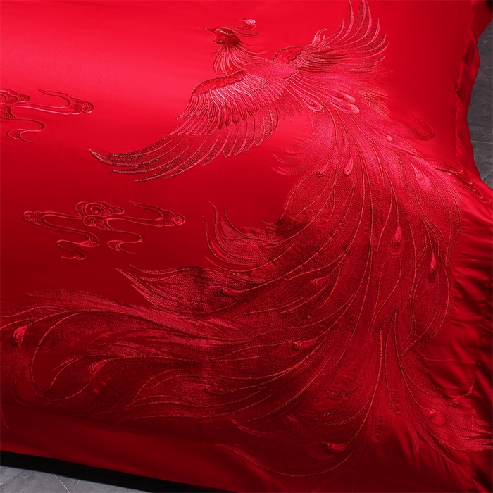 91家纺网 家纺一手货源 找家纺 博之洋婚庆 2026新款全棉长绒棉刺绣婚庆四件套多件套 喜迎龙凤-红