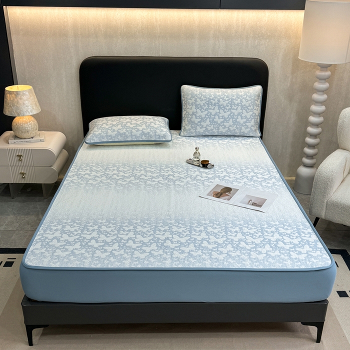 91家纺网 家纺一手货源 找家纺 伊人坊 2026新款A类550克凉感提花值过0.21冰豆豆家用凉席子三件套夏季---床笠款 花蝴蝶-蓝