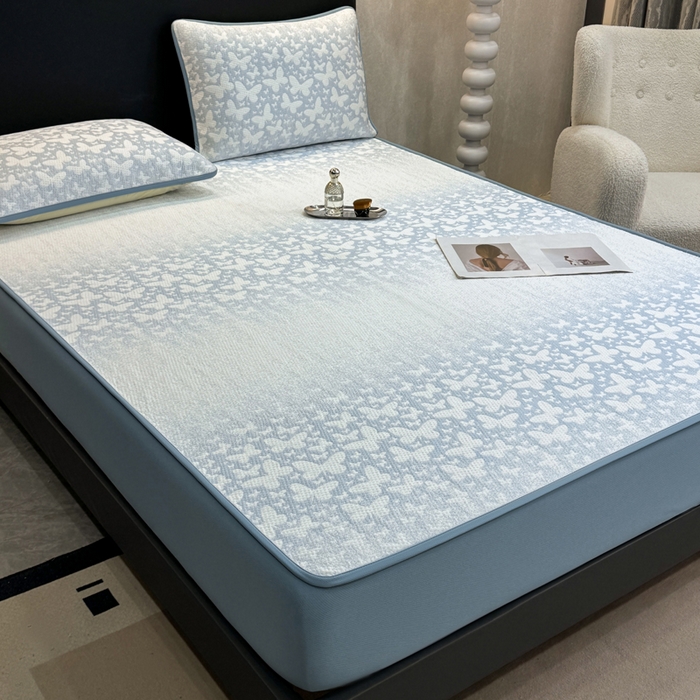 91家纺网 家纺一手货源 找家纺 伊人坊 2026新款A类550克凉感提花值过0.21冰豆豆家用凉席子三件套夏季---床笠款 花蝴蝶-蓝