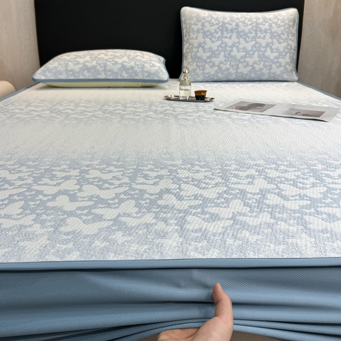 91家纺网 家纺一手货源 找家纺 伊人坊 2026新款A类550克凉感提花值过0.21冰豆豆家用凉席子三件套夏季---床笠款 花蝴蝶-蓝