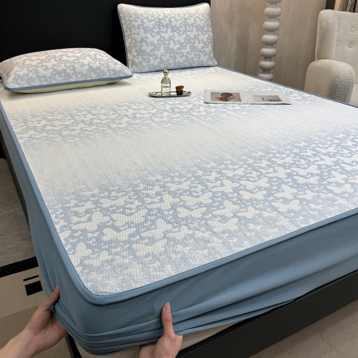 91家纺网 家纺一手货源 找家纺 伊人坊 2026新款A类550克凉感提花值过0.21冰豆豆家用凉席子三件套夏季---床笠款 花蝴蝶-蓝