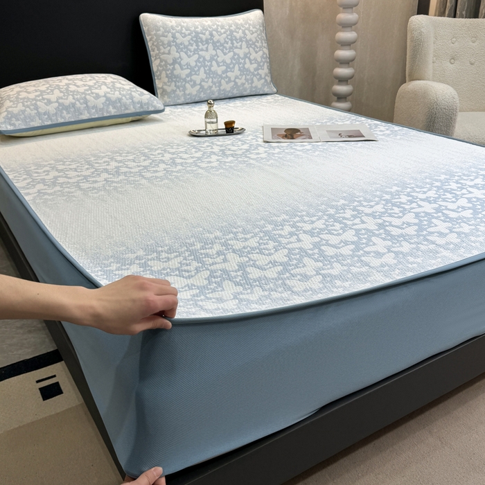 91家纺网 家纺一手货源 找家纺 伊人坊 2026新款A类550克凉感提花值过0.21冰豆豆家用凉席子三件套夏季---床笠款 花蝴蝶-蓝