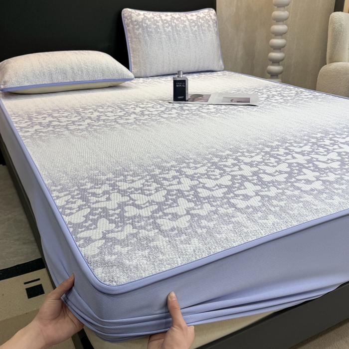 91家纺网 家纺一手货源 找家纺 伊人坊 2026新款A类550克凉感提花值过0.21冰豆豆家用凉席子三件套夏季---床笠款 花蝴蝶-蓝紫