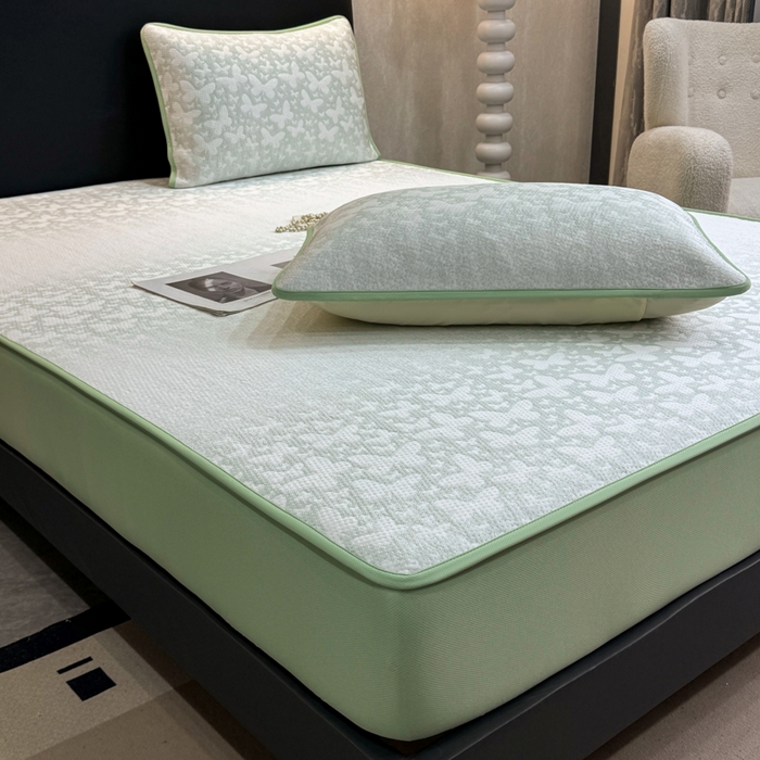 91家纺网 家纺一手货源 找家纺 伊人坊 2026新款A类550克凉感提花值过0.21冰豆豆家用凉席子三件套夏季---床笠款 花蝴蝶-绿