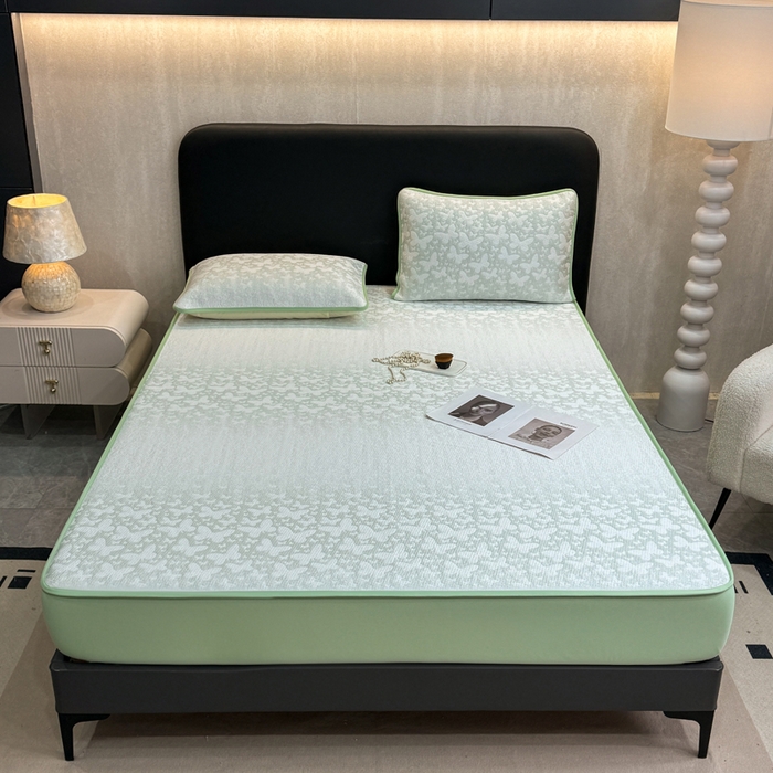 91家纺网 家纺一手货源 找家纺 伊人坊 2026新款A类550克凉感提花值过0.21冰豆豆家用凉席子三件套夏季---床笠款 花蝴蝶-绿