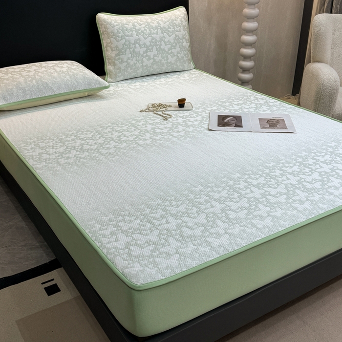 91家纺网 家纺一手货源 找家纺 伊人坊 2026新款A类550克凉感提花值过0.21冰豆豆家用凉席子三件套夏季---床笠款 花蝴蝶-绿