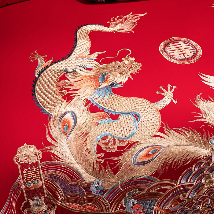 91家纺网 家纺一手货源 找家纺 博之洋婚庆 2026新款全棉长绒棉刺绣婚庆四件套多件套 龙凤之恋