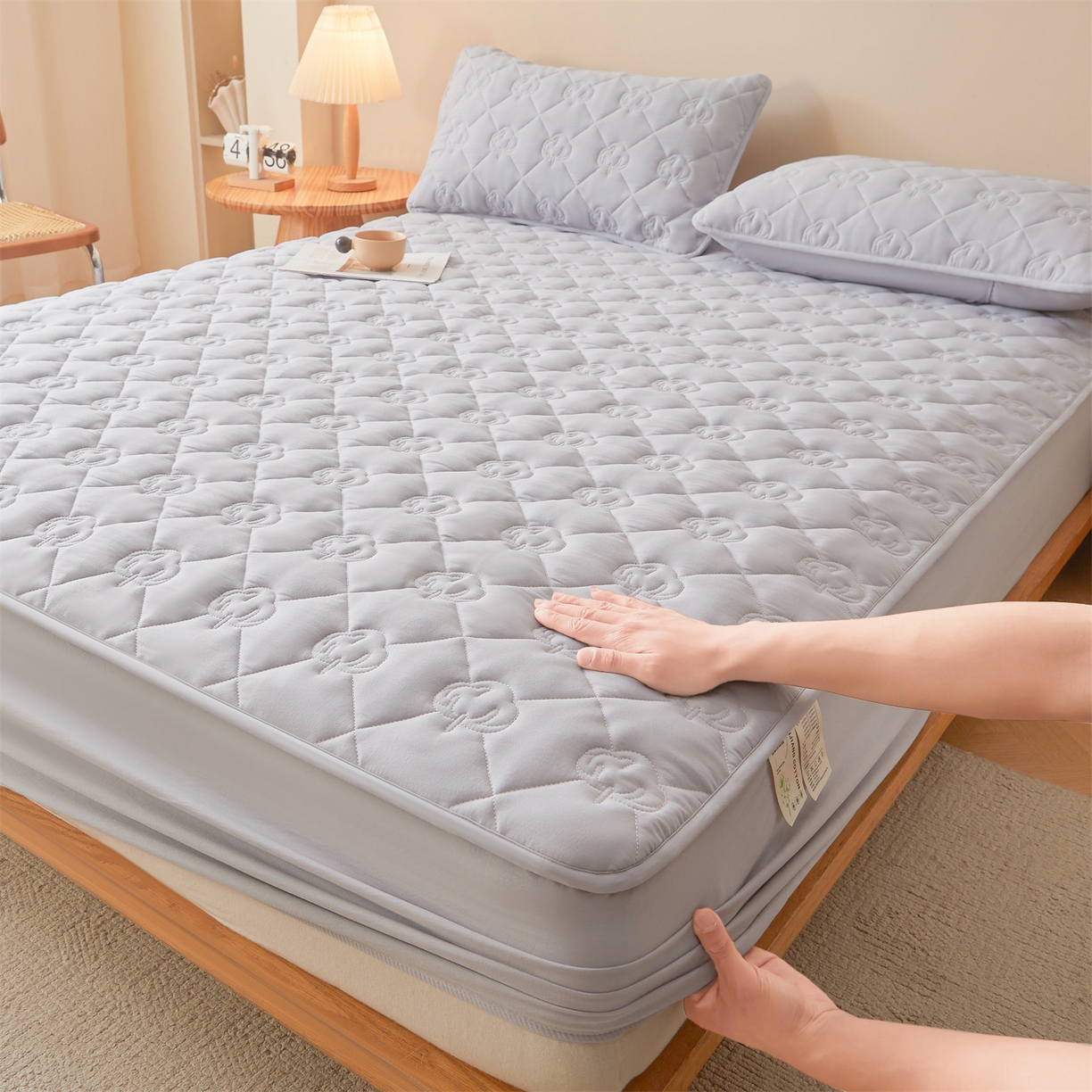 柔品 2026新款牛奶棉新疆棉花夹棉床笠 新疆棉花-浅灰