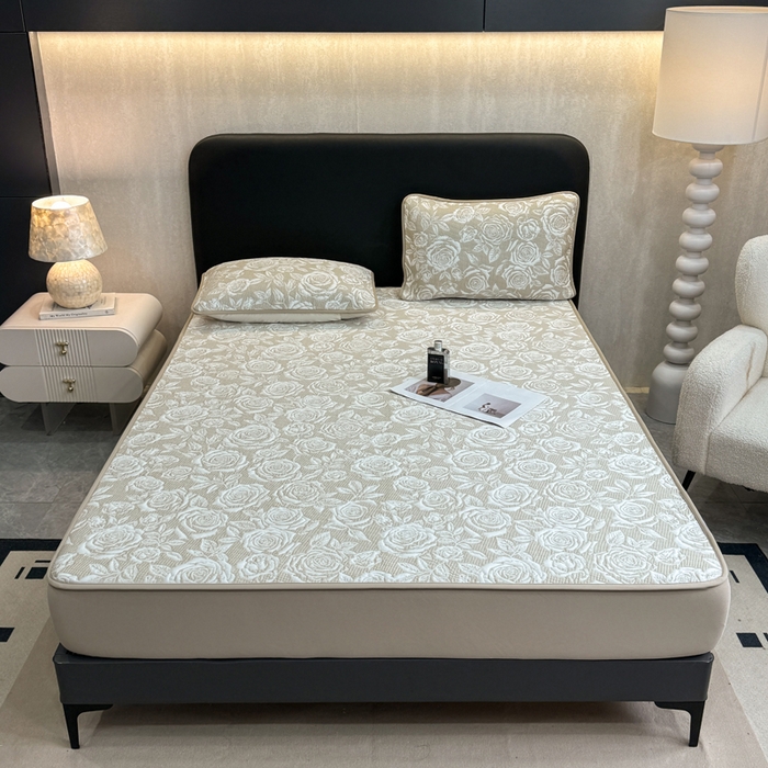 91家纺网 家纺一手货源 找家纺 伊人坊 2026新款A类550克凉感提花值过0.21冰豆豆家用凉席子三件套夏季---床笠款 玫瑰-咖