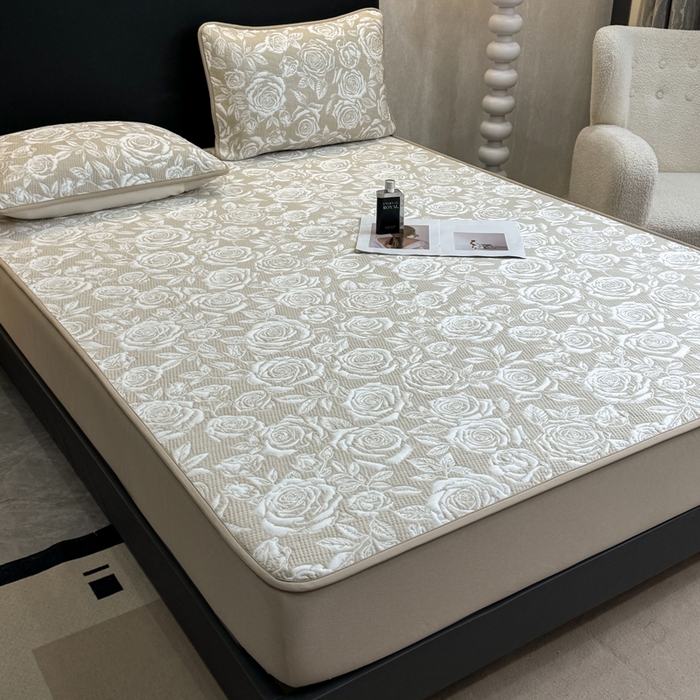 91家纺网 家纺一手货源 找家纺 伊人坊 2026新款A类550克凉感提花值过0.21冰豆豆家用凉席子三件套夏季---床笠款 玫瑰-咖