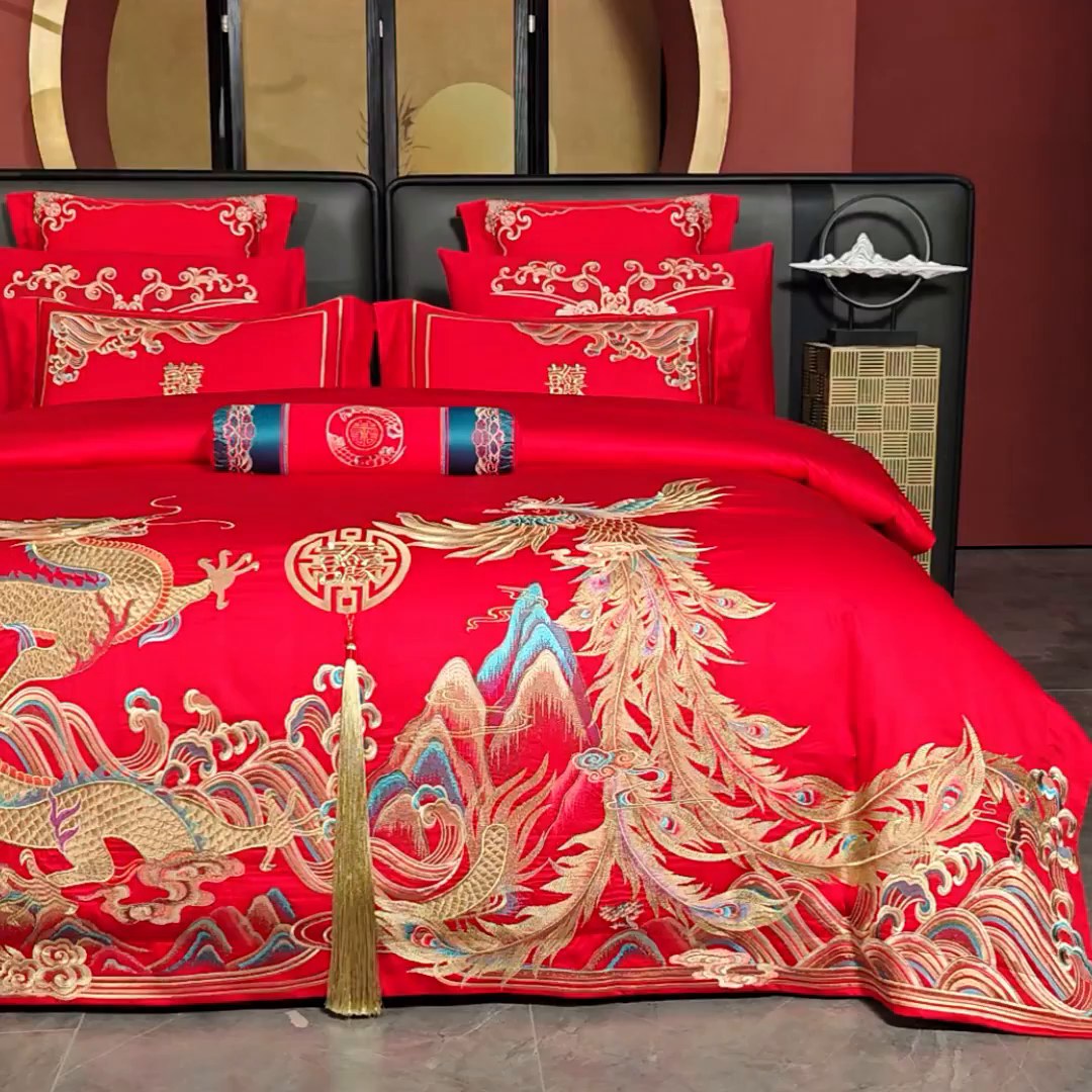 91家纺网 家纺一手货源 找家纺 博之洋婚庆 2026新款全棉长绒棉刺绣婚庆四件套多件套 龙凤王朝