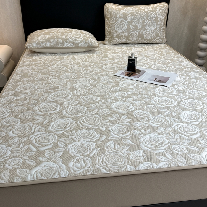 91家纺网 家纺一手货源 找家纺 伊人坊 2026新款A类550克凉感提花值过0.21冰豆豆家用凉席子三件套夏季---床笠款 玫瑰-咖