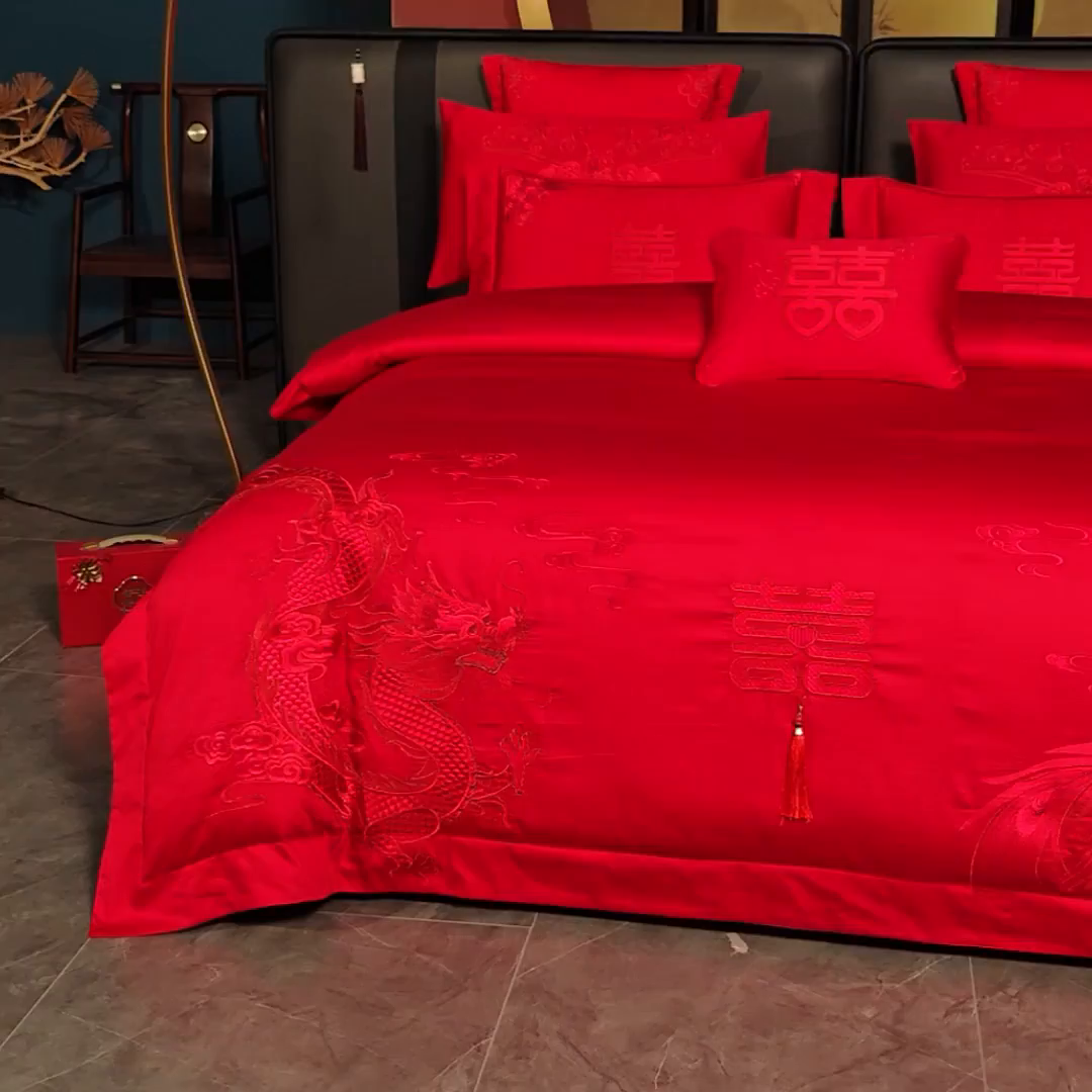 91家纺网 家纺一手货源 找家纺 博之洋婚庆 2026新款全棉长绒棉刺绣婚庆四件套多件套 喜迎龙凤-红