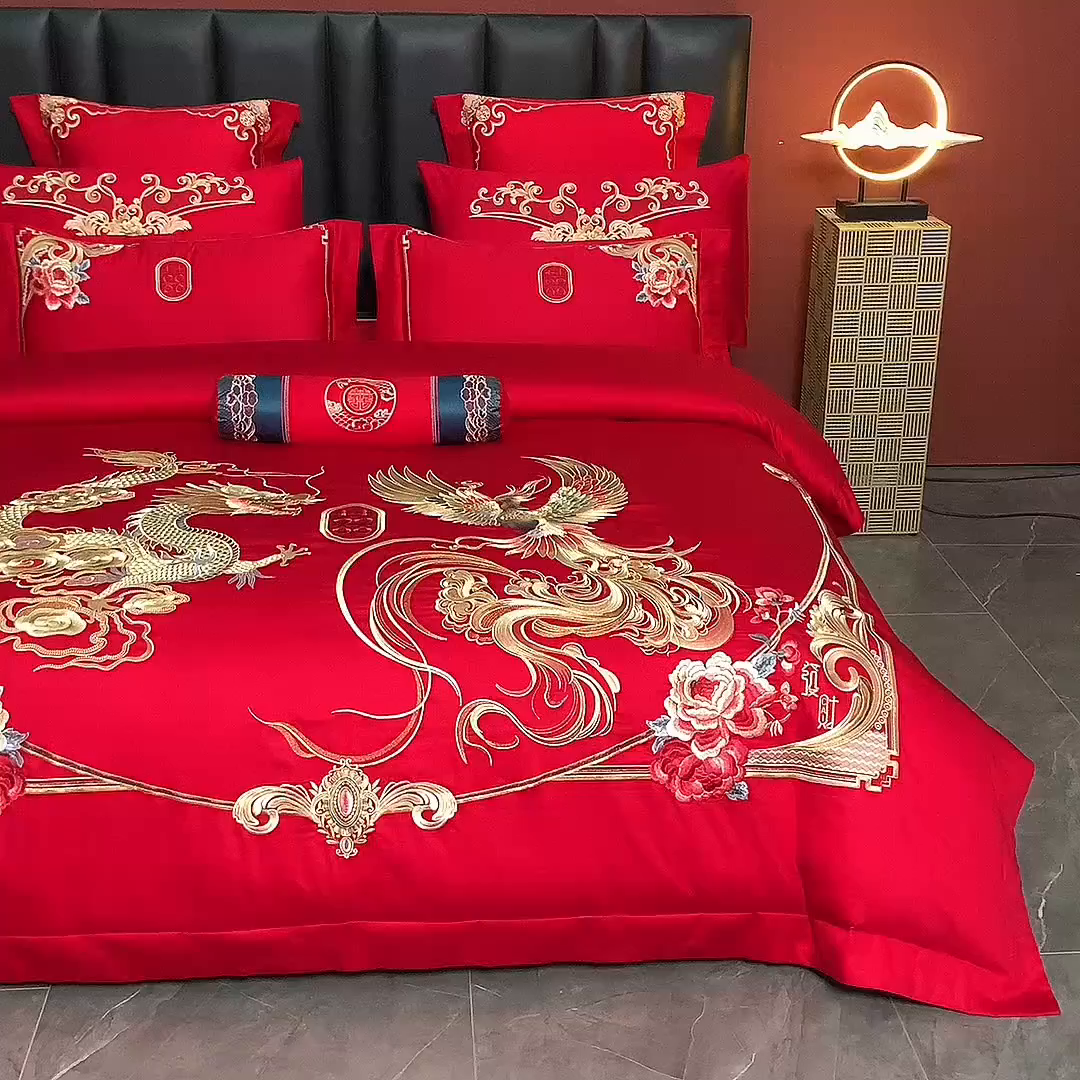 91家纺网 家纺一手货源 找家纺 博之洋婚庆 2026新款全棉长绒棉刺绣婚庆四件套多件套 锦绣前程