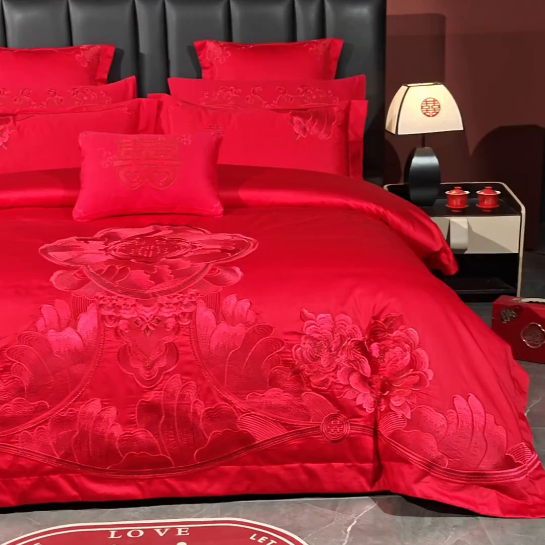 91家纺网 家纺一手货源 找家纺 博之洋婚庆 2026新款全棉长绒棉刺绣婚庆四件套多件套 国色天香