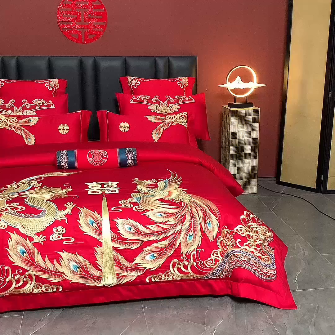 91家纺网 家纺一手货源 找家纺 博之洋婚庆 2026新款全棉长绒棉刺绣婚庆四件套多件套 金玉良缘