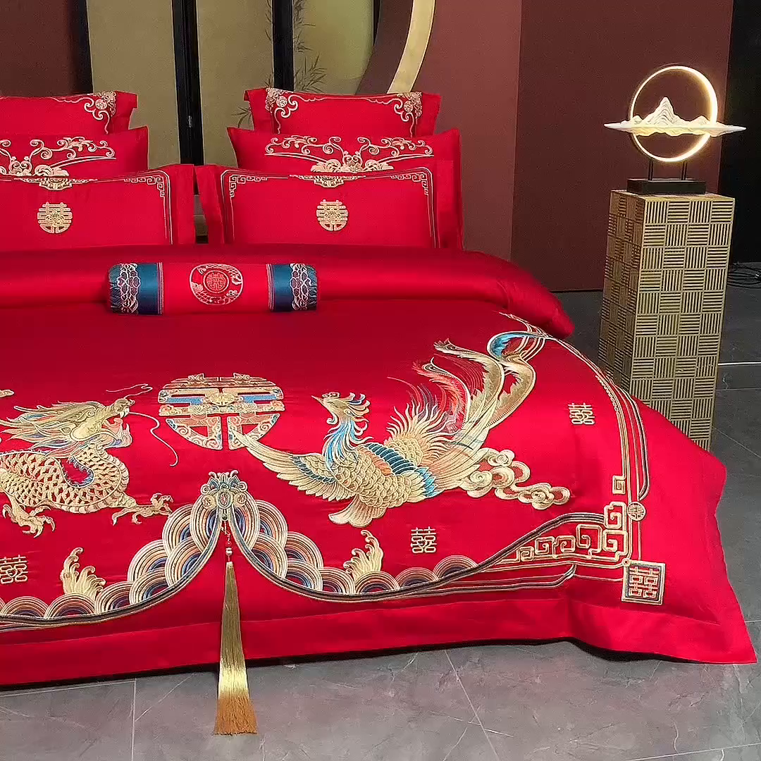 91家纺网 家纺一手货源 找家纺 博之洋婚庆 2026新款全棉长绒棉刺绣婚庆四件套多件套 皇家风范