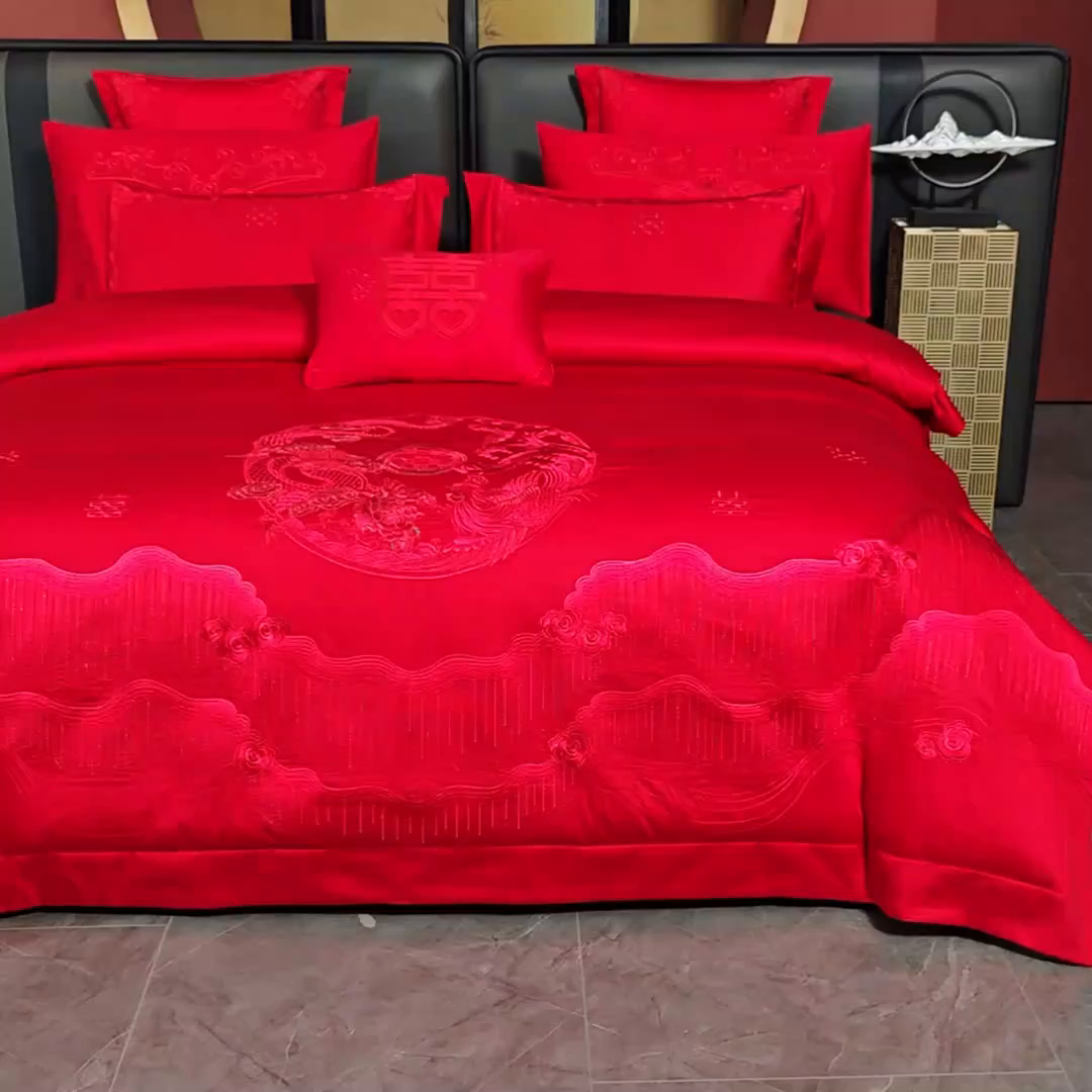91家纺网 家纺一手货源 找家纺 博之洋婚庆 2026新款全棉长绒棉刺绣婚庆四件套多件套 欢喜龙凤-红