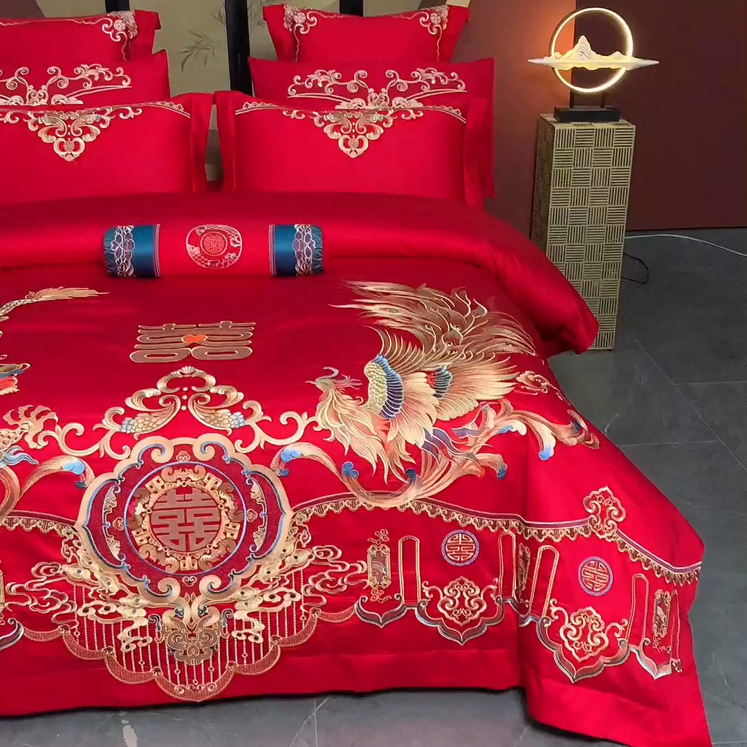 91家纺网 家纺一手货源 找家纺 博之洋婚庆 2026新款全棉长绒棉刺绣婚庆四件套多件套 龙凤大喜