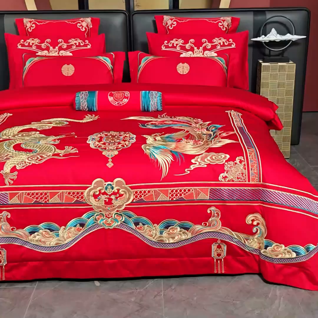 91家纺网 家纺一手货源 找家纺 博之洋婚庆 2026新款全棉长绒棉刺绣婚庆四件套多件套 万里江山